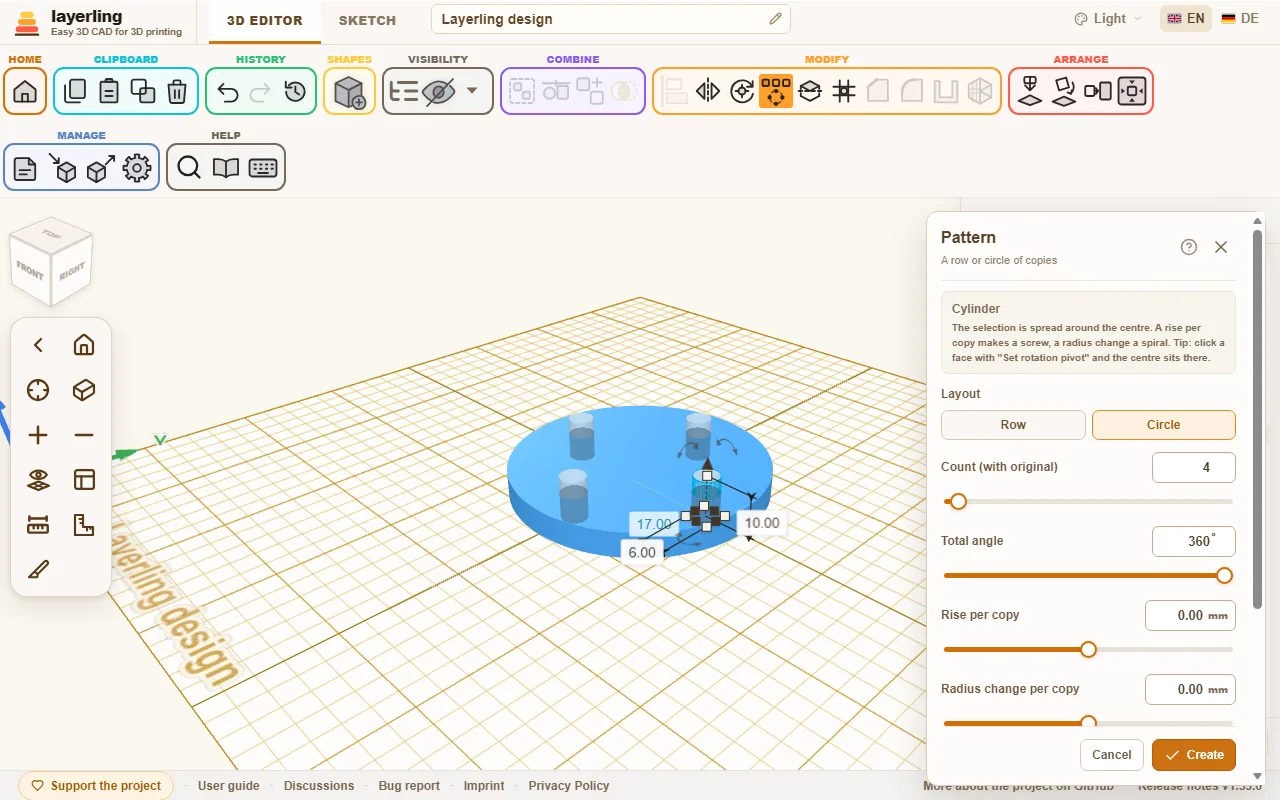 The pattern in "Circle" mode: the copies first appear as a preview.